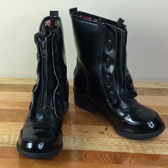 Rocket Dog Shoes - Rocket Dog Black Patent Zip Lace Up Combat Boots